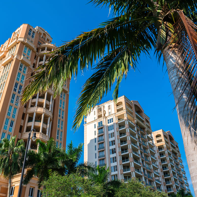 Cityscape view of the luxury mediterranean style town of Coral Gables in Miami.