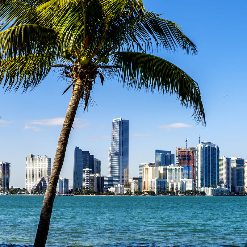 Miami Downtown skyline in daytime with Biscayne Bay.
